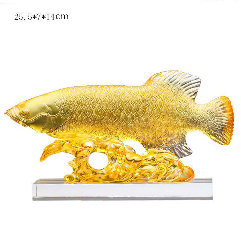 Buddha Stones Handmade Liuli Crystal Koi Fish Art Piece Luck Home Office Decoration Decorations BS Medium Gold&Base