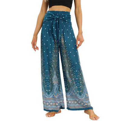 Buddha Stones Boho Peacock Feathers Lace-up Wide Leg Pants Women's Yoga Pants Women's Wide Leg Pants BS DarkTurquoise F(Fit for US2-12; UK/AU6-16; EU34-44)