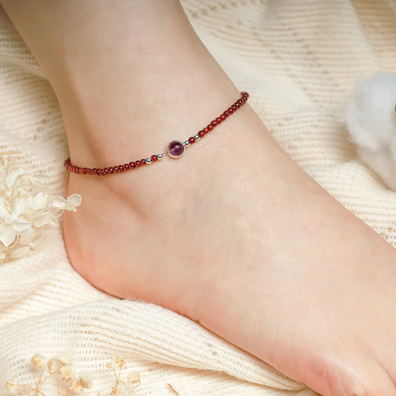 Buddha Stones Garnet Amethyst Purification Calm Anklet - image 3