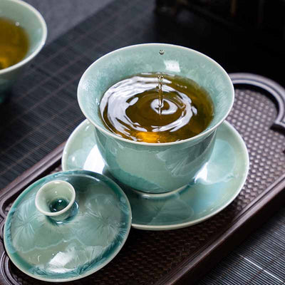 Buddha Stones Traditional Glaze Ceramic Gaiwan Sancai Teacup Kung Fu Tea Cup And Saucer With Lid 180ml Cup BS 2