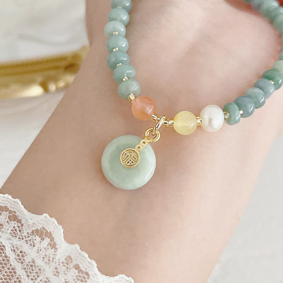 Buddha Stones Natural Hetian Jade Pearl Peace Buckle Fu Character Gourd Money Bag Strawberry Quartz PiXiu Luck Bracelet Bracelet BS 3