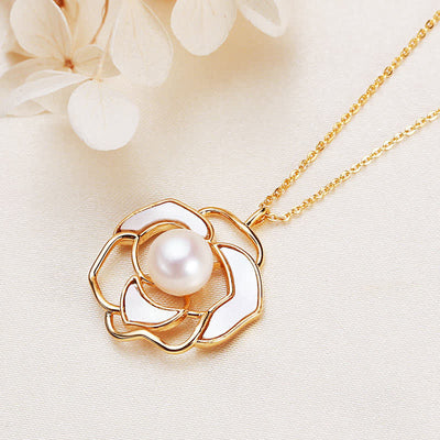 Buddha Stones 925 Sterling Silver Pearl Camellia Pattern Happiness Necklace Pendant Earrings Necklaces & Pendants BS 3