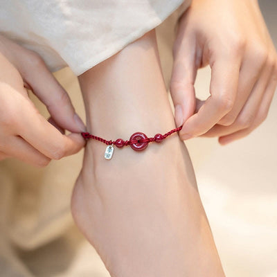 Buddha Stones Handmade Cinnabar Peace Buckle Safe and Healthy Charm Blessing String Bracelet Anklet Bracelet Anklet BS 3