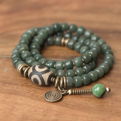 Buddha Stones Cyan Bodhi Seed Dzi Bead Wisdom Peace Triple Wrap Bracelet Mala Bracelet BS 7