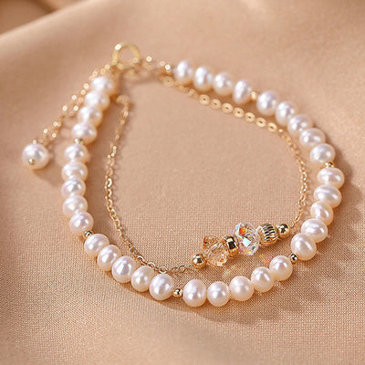 Buddha Stones 925 Sterling Silver 14K Gold Plated Natural Pearl Crystal Healing Double Layer Bracelet Bracelet BS 8