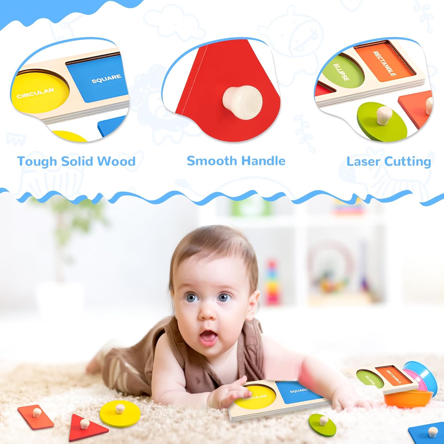 QESSUVNC Wooden Shape Sorting Game for Toddlers, Montessori Peg Puzzle, Geometric Shapes, 1-3 Years