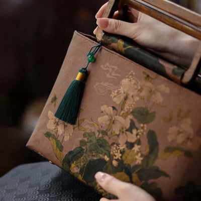 Buddha Stones Vintage Brown Flowers Green Bamboo Leaves Wood Handles Zipper Handbag Handbags BS 4