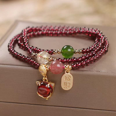 Buddha Stones Natural Garnet Strawberry Quartz Crystal Fox Koi Fish Peace Buckle Fortune Protection Triple Wrap Bracelet Bracelet BS 3