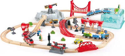 Fidtoy Circuit de train de ville en bois avec seau de rangement