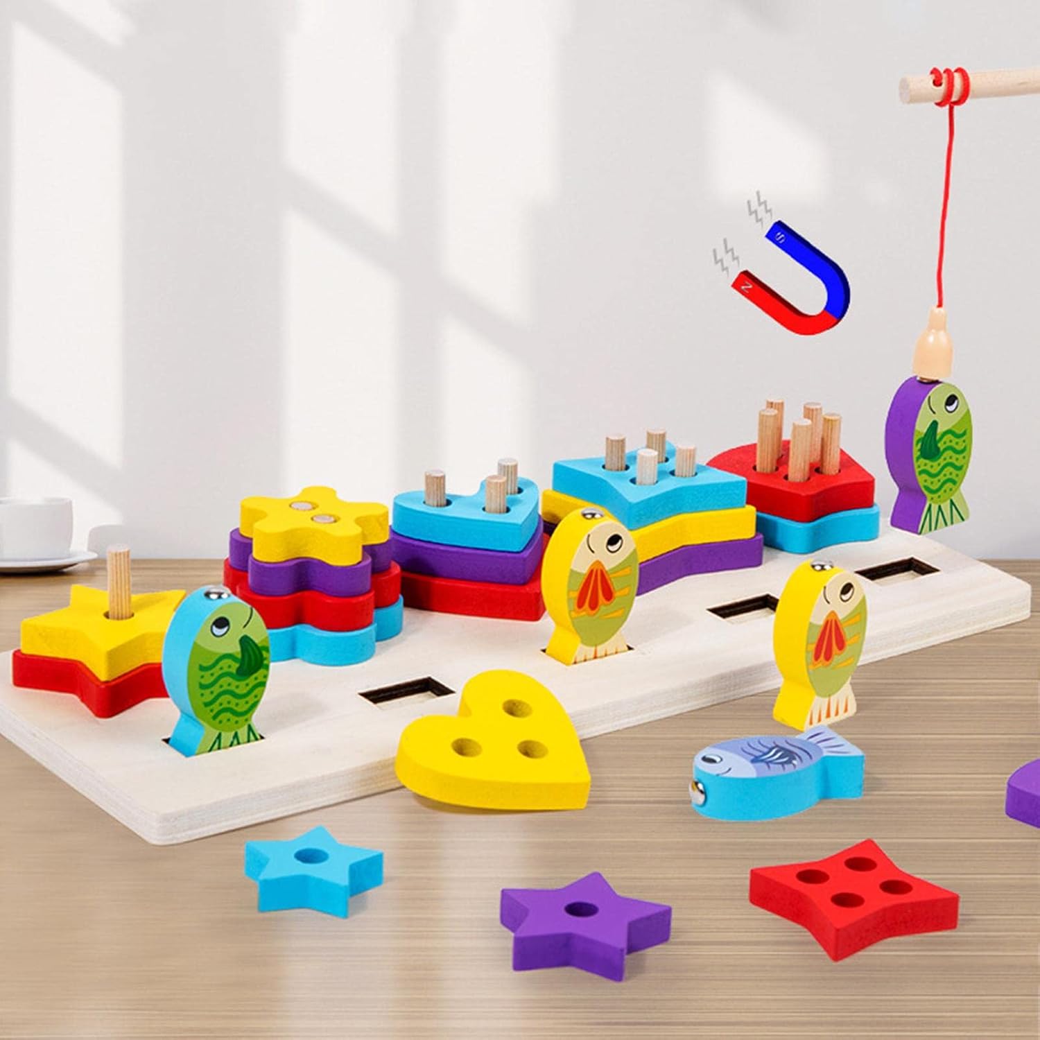 Fidtoy Wooden Magnetic Fishing Shape Sorter Board for Toddlers Fine Motor Color Matching Toy Age 2-6