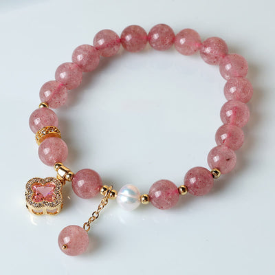 Foviel Strawberry Quartz Pearl Four Leaf Clover Charm Healing Bracelet