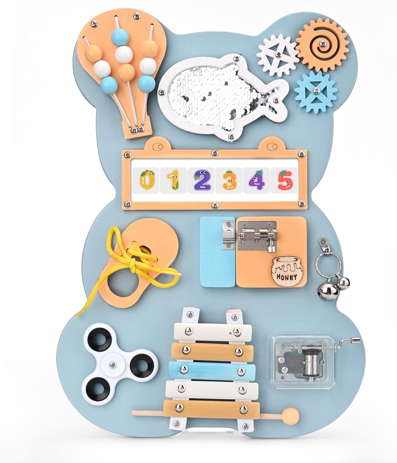 Fidtoy Montessori Busy Board Toy for Toddlers Wooden Activity Board with Music Xylophone Locks Beads Fine Motor Skills Learning Toy Travel Quiet Toy