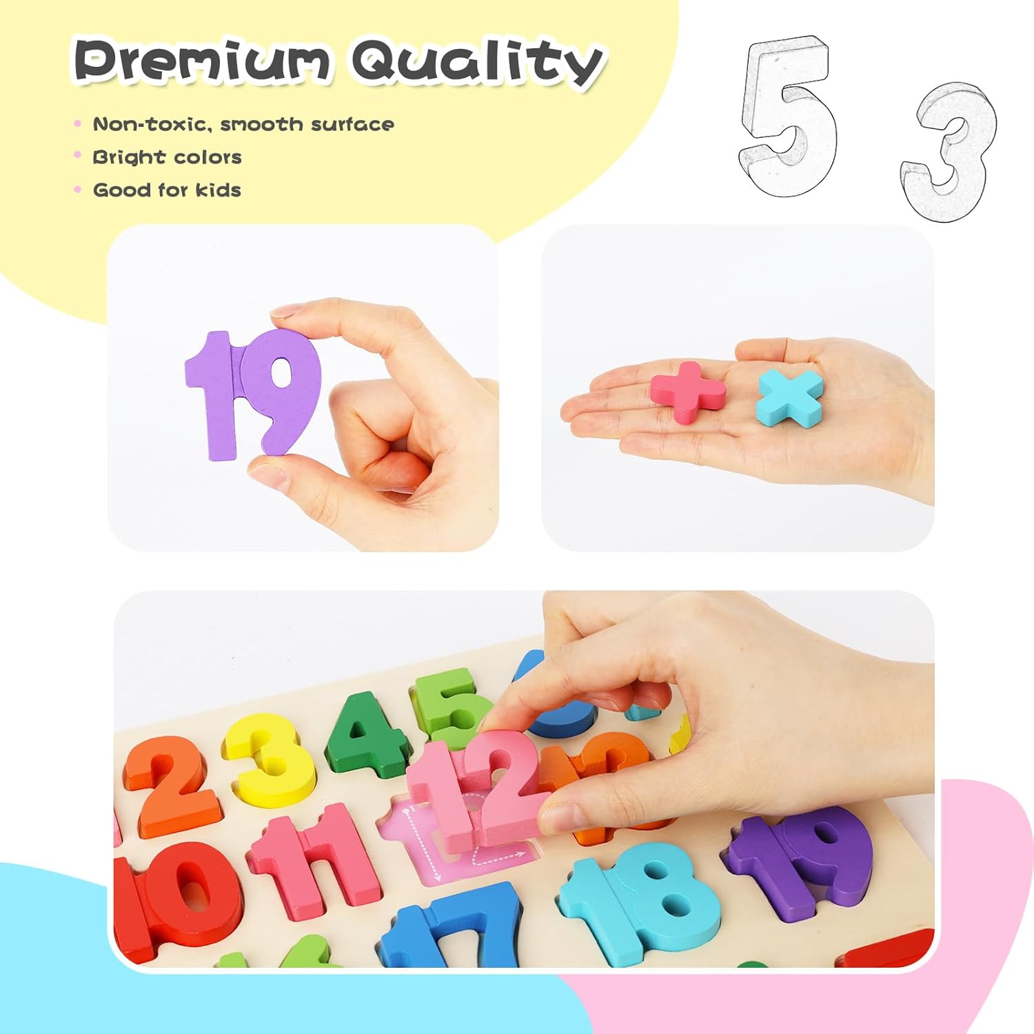 Fidtoy 3D Wooden Number Learning Board 0-20 Montessori Math Puzzle for Toddlers Number Counting Shape Recognition Toy