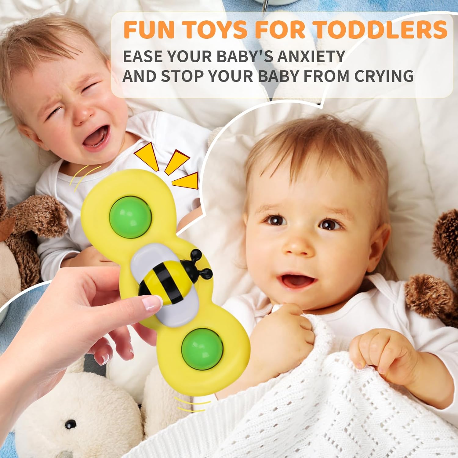 Fidtoy Suction Cup Activity Spinner Toy 3 Pieces for Babies 0-2, Colorful Insect Sensory Spinner Toys with Suction Cup Base, Plastic Round Tabletop Bath Travel Toy