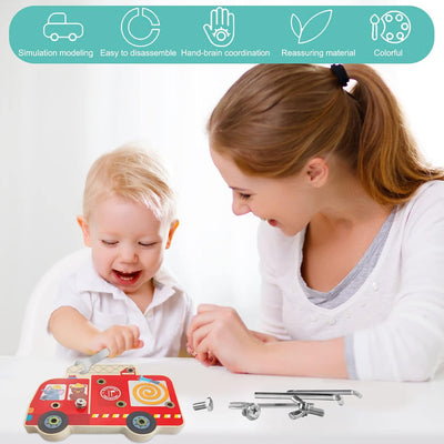 Fidtoy Camion de Pompiers en Bois Montessori à Démonter, Planche à Vis, Jouet Outil de Motricité Fine pour Enfants de 3 Ans et Plus