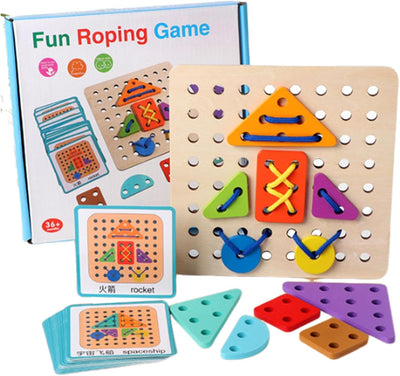 Fidtoy Wooden Rope Shape Lacing Pattern Kit Fine Motor Threading Toy for Kids Ages 3+