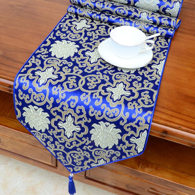 Buddha Stones Prayer Altar Flower Vajra Dragon Pattern Tibetan Auspicious Symbols Tassels Jacquard Table Runner Prayer Altar BS Blue Flower 200*33cm