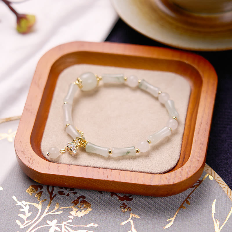 Buddha Stones Tianshan White Jade Bamboo Pattern Luck Blessing Bracelet 10