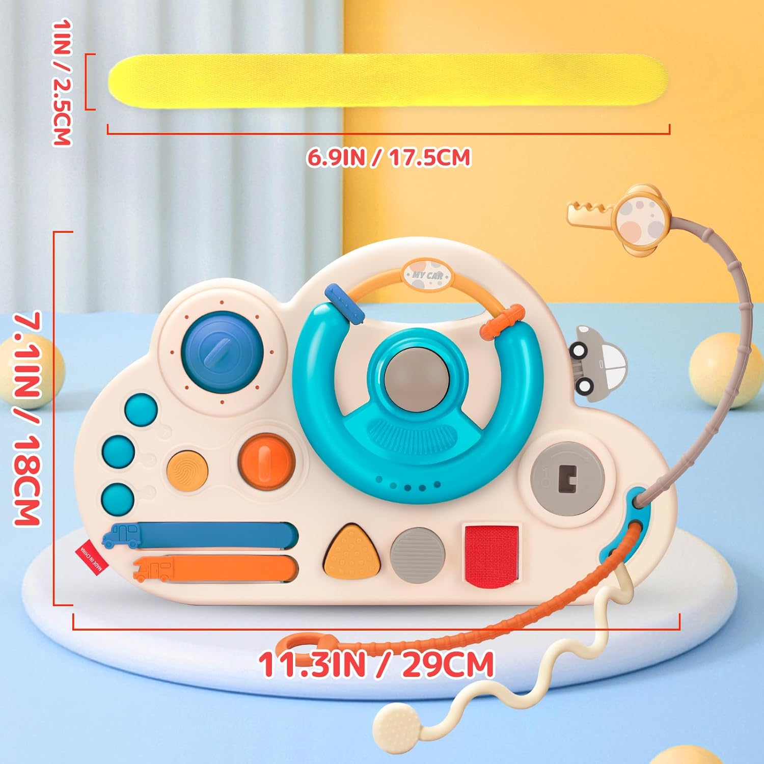 Fidtoy Busy Activity Steering Wheel Baby Pull String Toy for Toddlers – Montessori Sensory Travel Toy with Pull Strings, Bubbles, Buttons & Fine Motor Play
