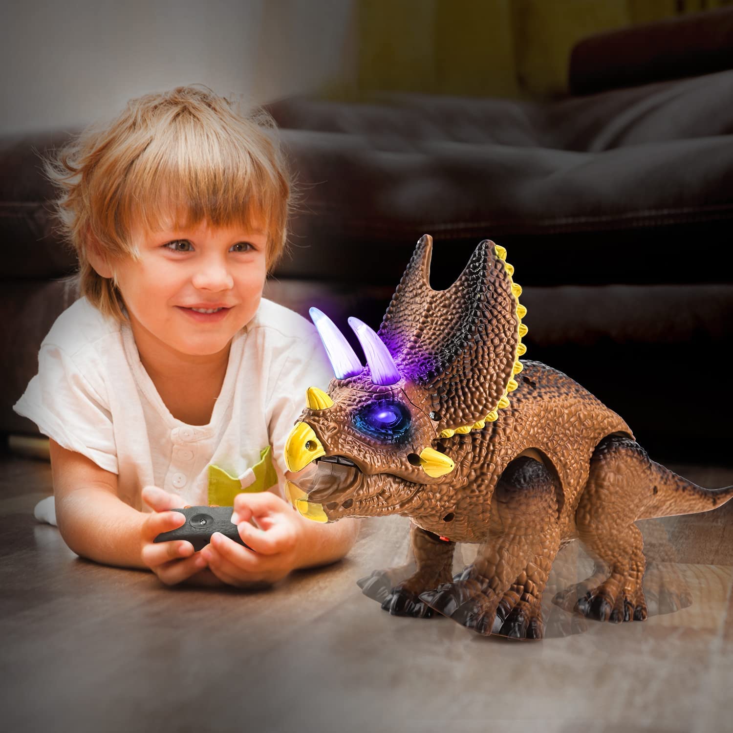 Fidtoy Juguete de dinosaurio con control remoto para niños con luces y rugido