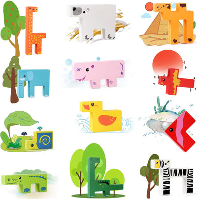 Fidtoy Wooden Animal Creative Challenge Puzzle Board for Kids | 13-Piece Animal Shape Matching Puzzle, Geometric Sorting, Stacking Blocks, Fine Motor & Problem-Solving Toy Age 2-6