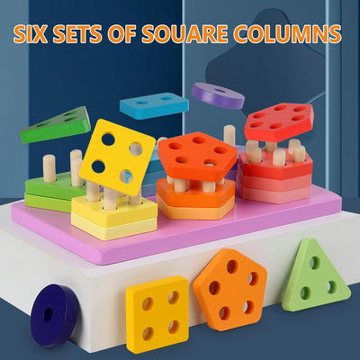 Fidtoy Wooden Building Blocks and Six Column Sets for Kids | Montessori Construction Blocks, Shape & Color Recognition, Pattern Matching, Spatial Awareness & Fine Motor Toy Age 2-6