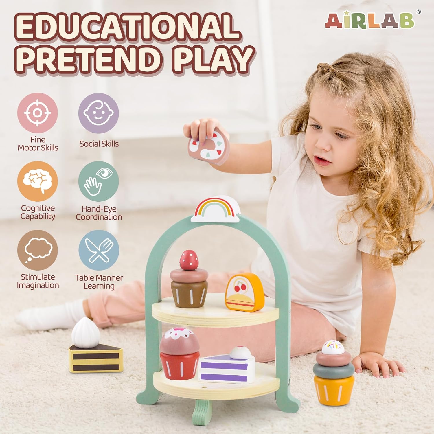 Fidtoy Wooden Cupcake Stacker Set - Pretend Play Toy for Toddlers