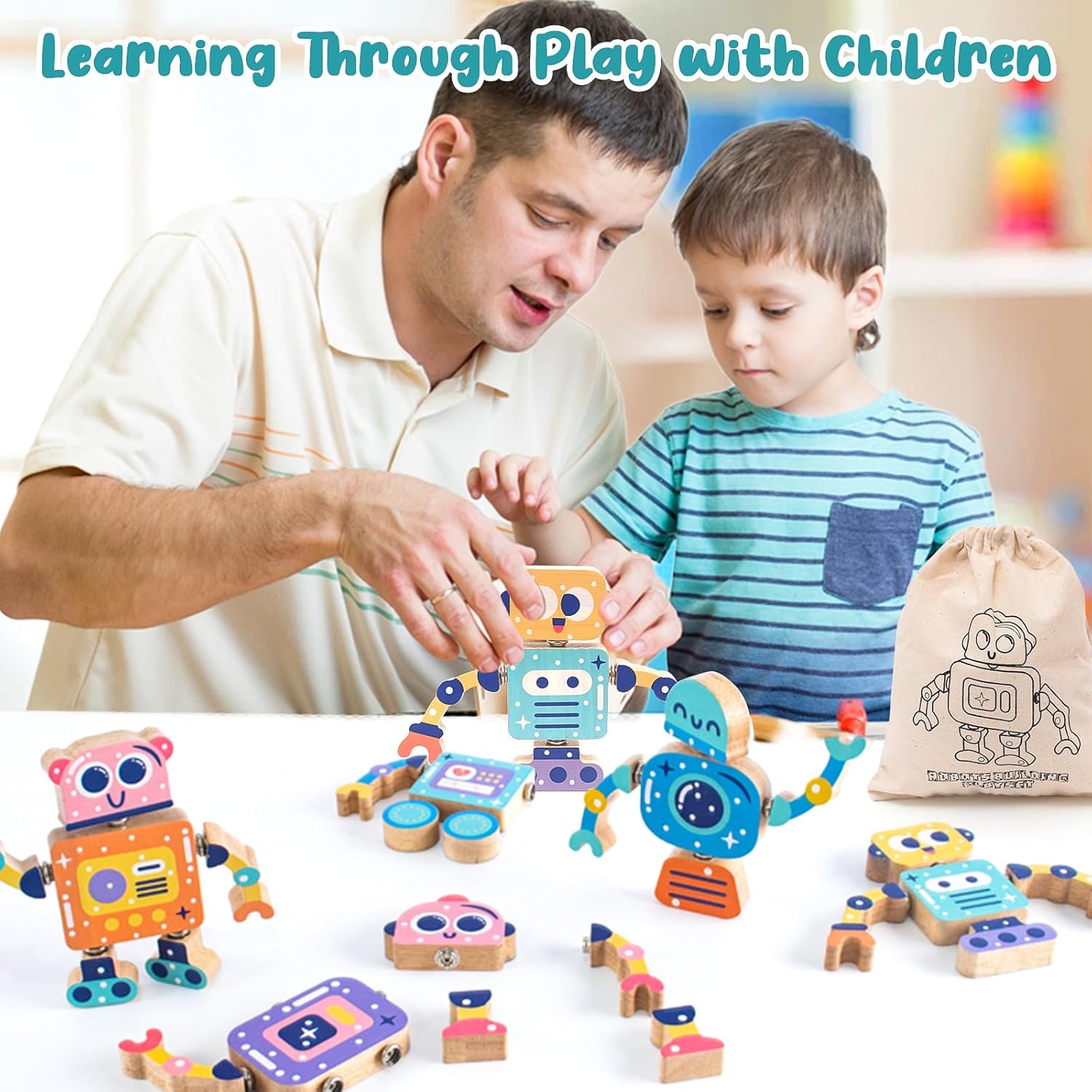 Juguete de construcción de robot de madera Fidtoy, juego de encastre para niños