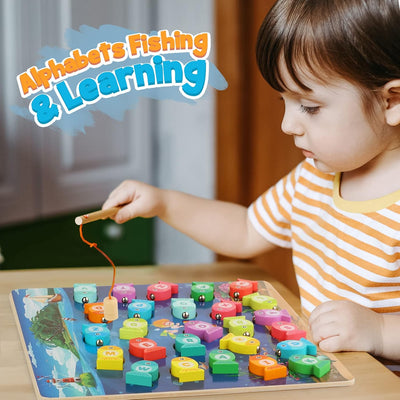 Juguetes educativos de madera Montessori: Juego de pesca con números y alfabeto para tablero