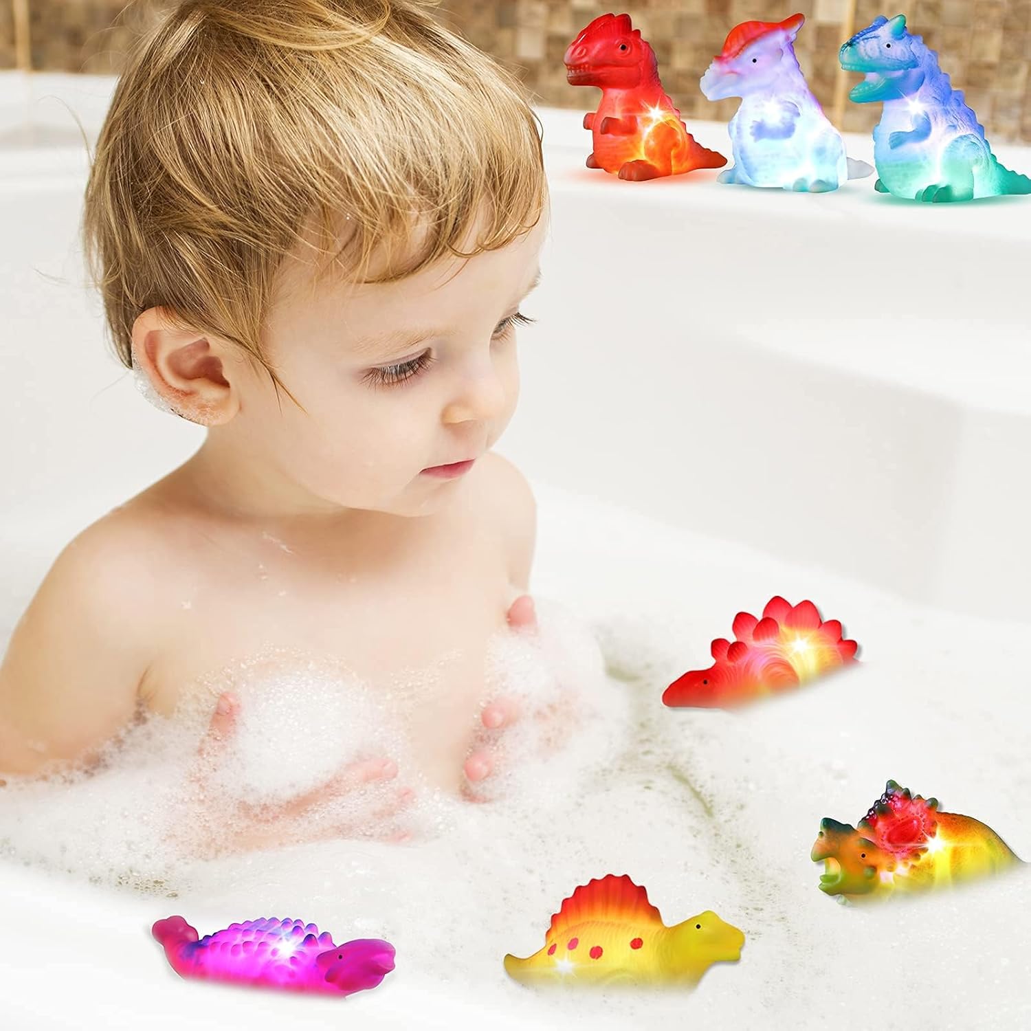 Fidtoy Dinosaur Bath Toys Light Up Floating Set for Toddlers  (6 Pack)
