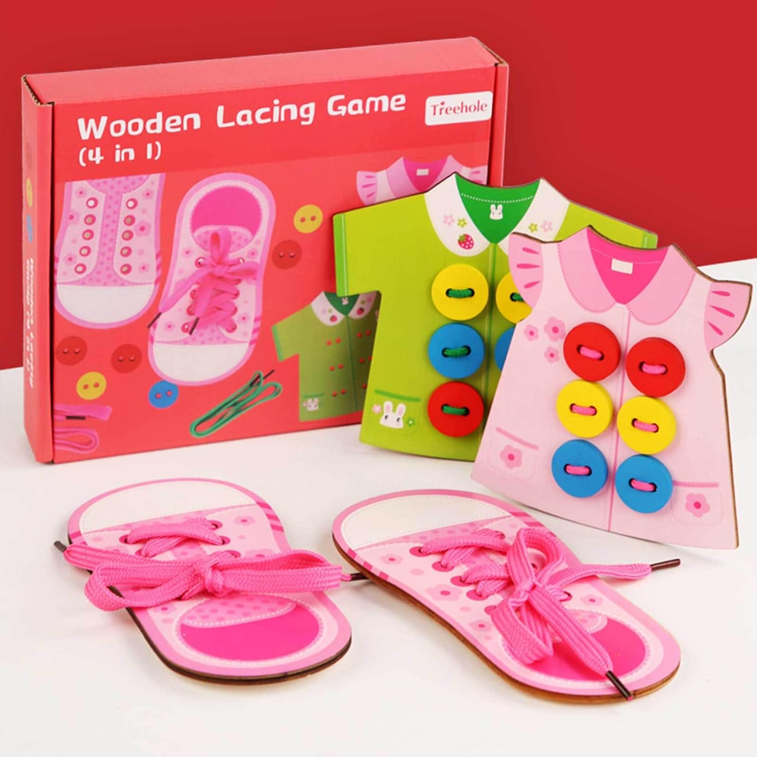 Shoe Tying Practice Toy | 4 in 1 Wooden Lacing Toy | Hand Eye Coordination Threading Toy, Educational Preschool, Girls, Kids