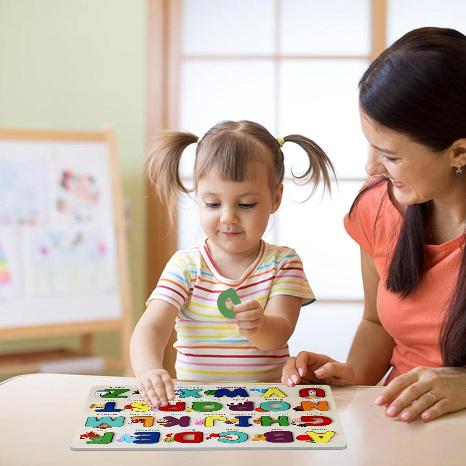 Fidtoy ABC Uppercase 3D Learning Wooden Board for Toddlers, Wooden Alphabet Puzzle Board, Preschool Letter Recognition and Fine Motor Learning Toy Age 2–5