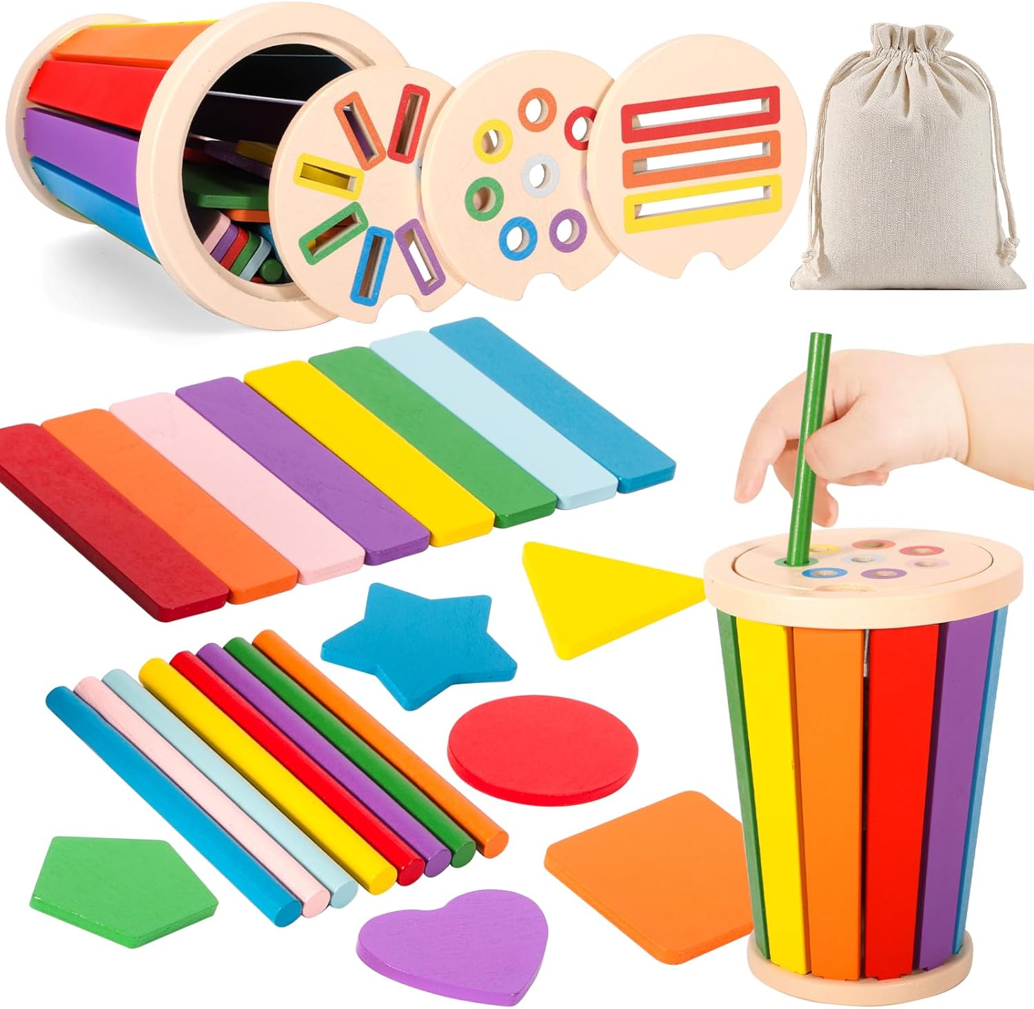 Fidtoy Color Sorting Activity Wooden Bucket Montessori Shape Sorting Toy for Toddlers