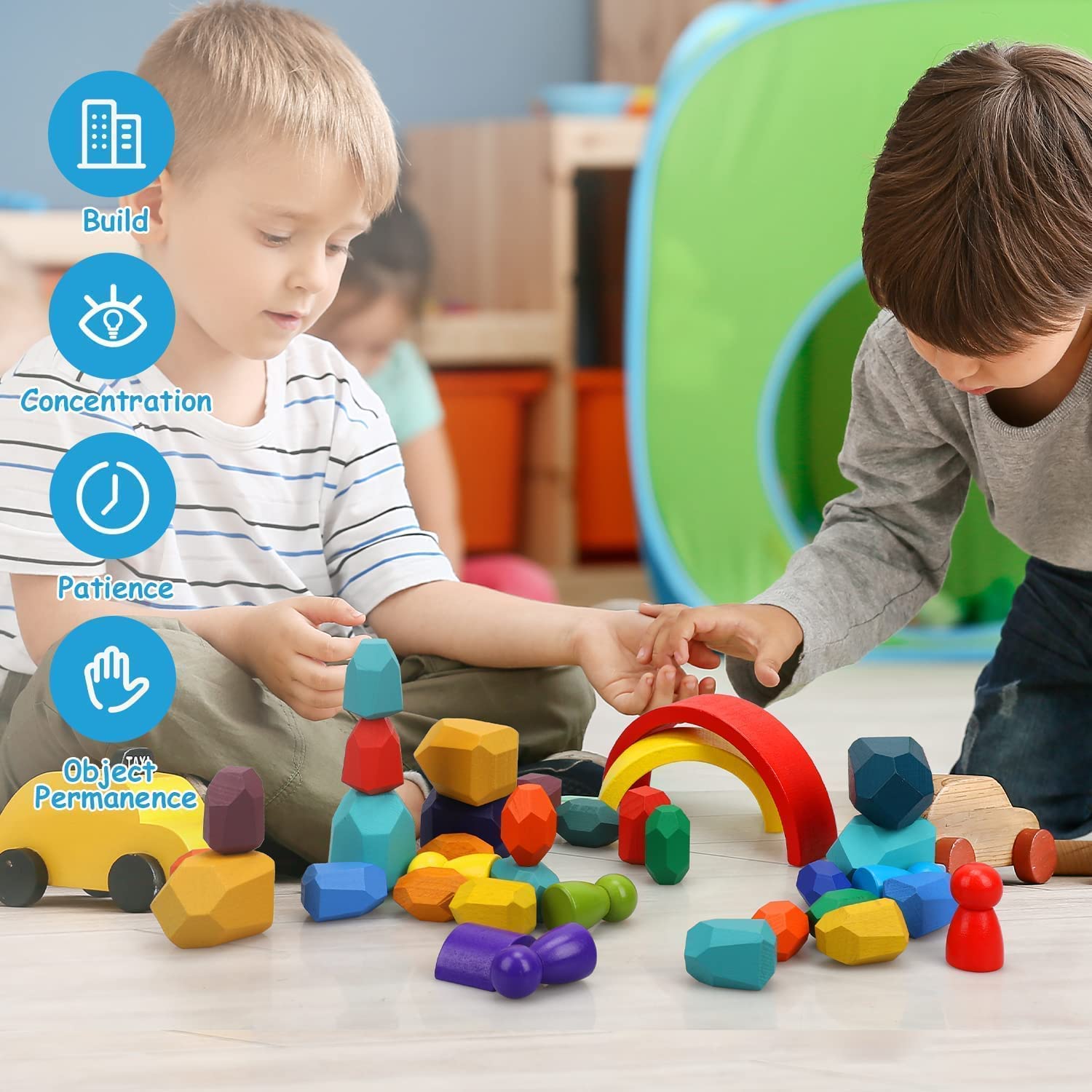 Fidtoy Wooden Rainbow Stacking Toy Set for Babies and Toddlers