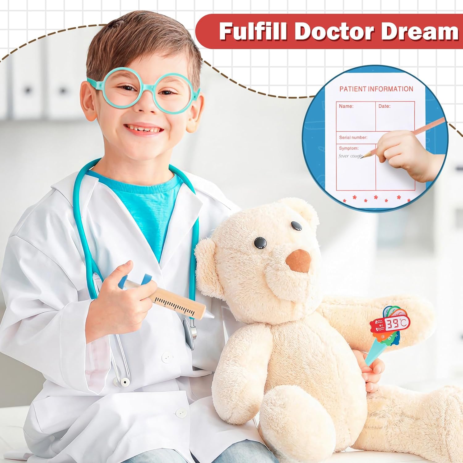 Fidtoy Mallette de docteur en bois 18 pièces, jouet médical pour jeu d'imitation