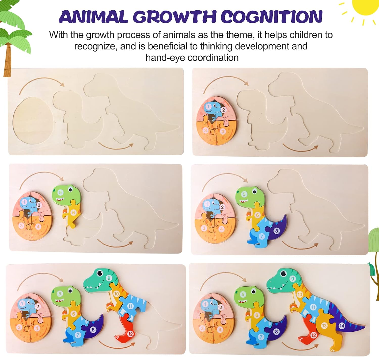 Fidtoy Puzzle 3D cognitif de croissance animale - Animaux aléatoires, Puzzle de croissance animale en bois avec pièces numérotées, Jouet d'apprentissage Montessori sur la nature pour enfants
