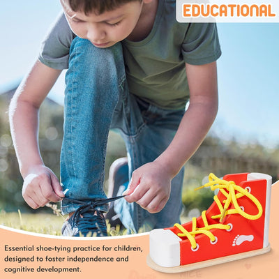 Práctica de Atado de Zapatos para Niños, Práctica de Atado de Zapatos Rojos para Niños con Cordones de Enhebrado, Entrenamiento de Zapatos de Madera para Aprender a Atar los Zapatos, Habilidades Básicas para la Vida