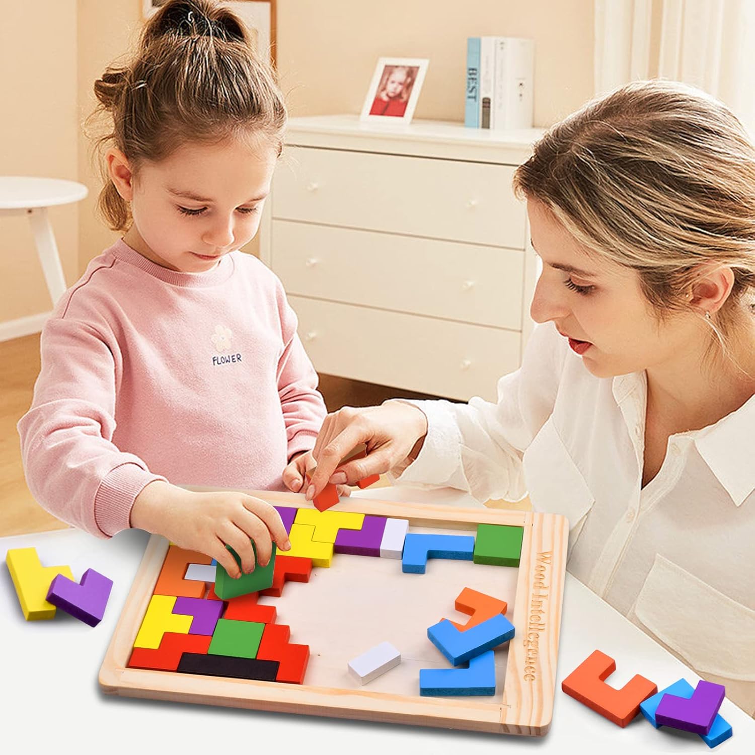 Fidtoy Wooden Russian Blocks Puzzle, 40 Piece Wooden Tetris-Style Block Puzzle with Baseboard, Colorful Shape Sorting Brain Teaser for Spatial Reasoning and Creative Pattern Building Ages 3+