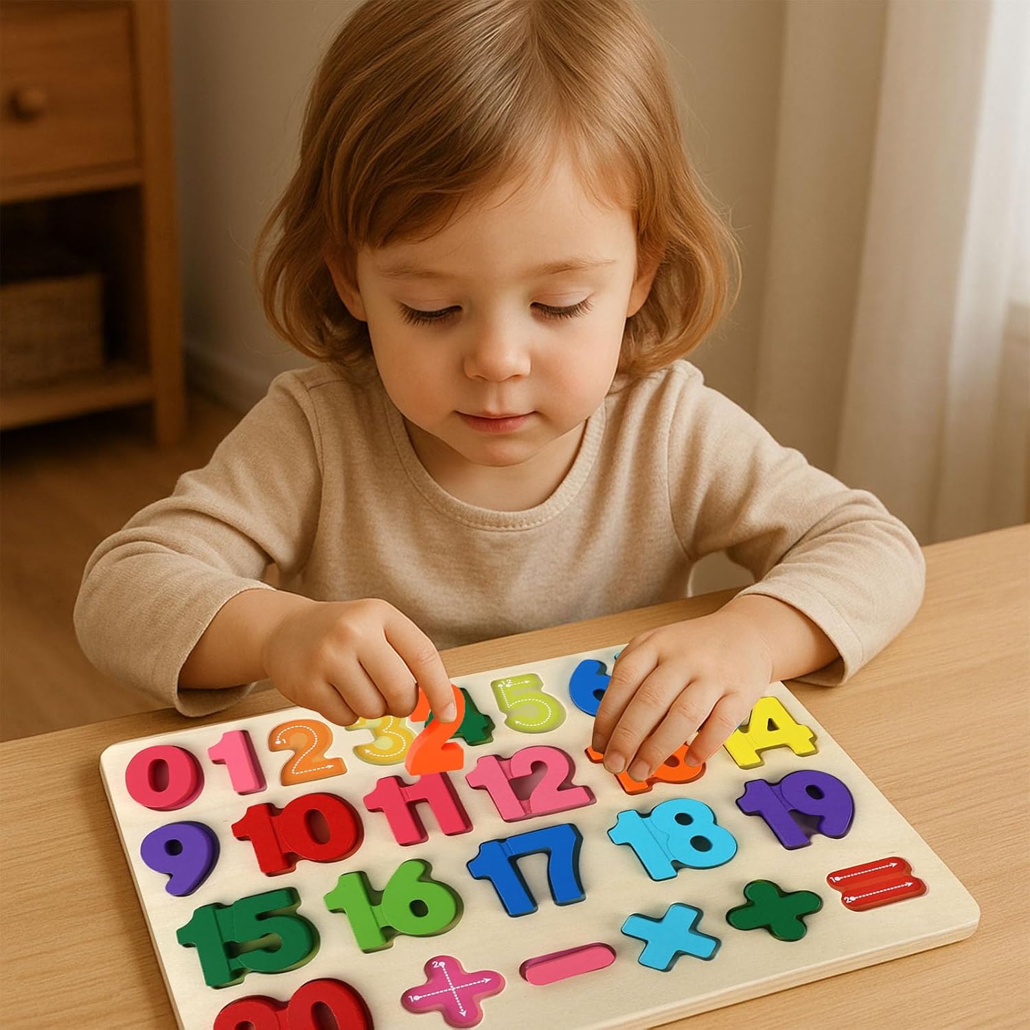 Fidtoy 3D Wooden Number Learning Board 0-20 Montessori Math Puzzle for Toddlers Number Counting Shape Recognition Toy
