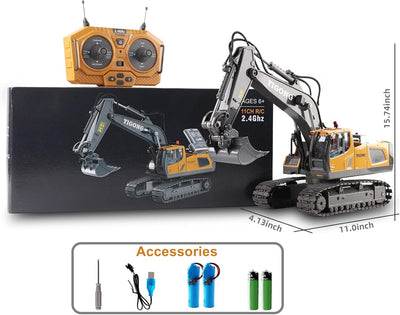 Fidtoy Excavadora de Juguete a Control Remoto, Camión de Construcción de 11 Canales con Pala Metálica, Luces y Sonido, Juguete STEM para Niños, Juego al Aire Libre