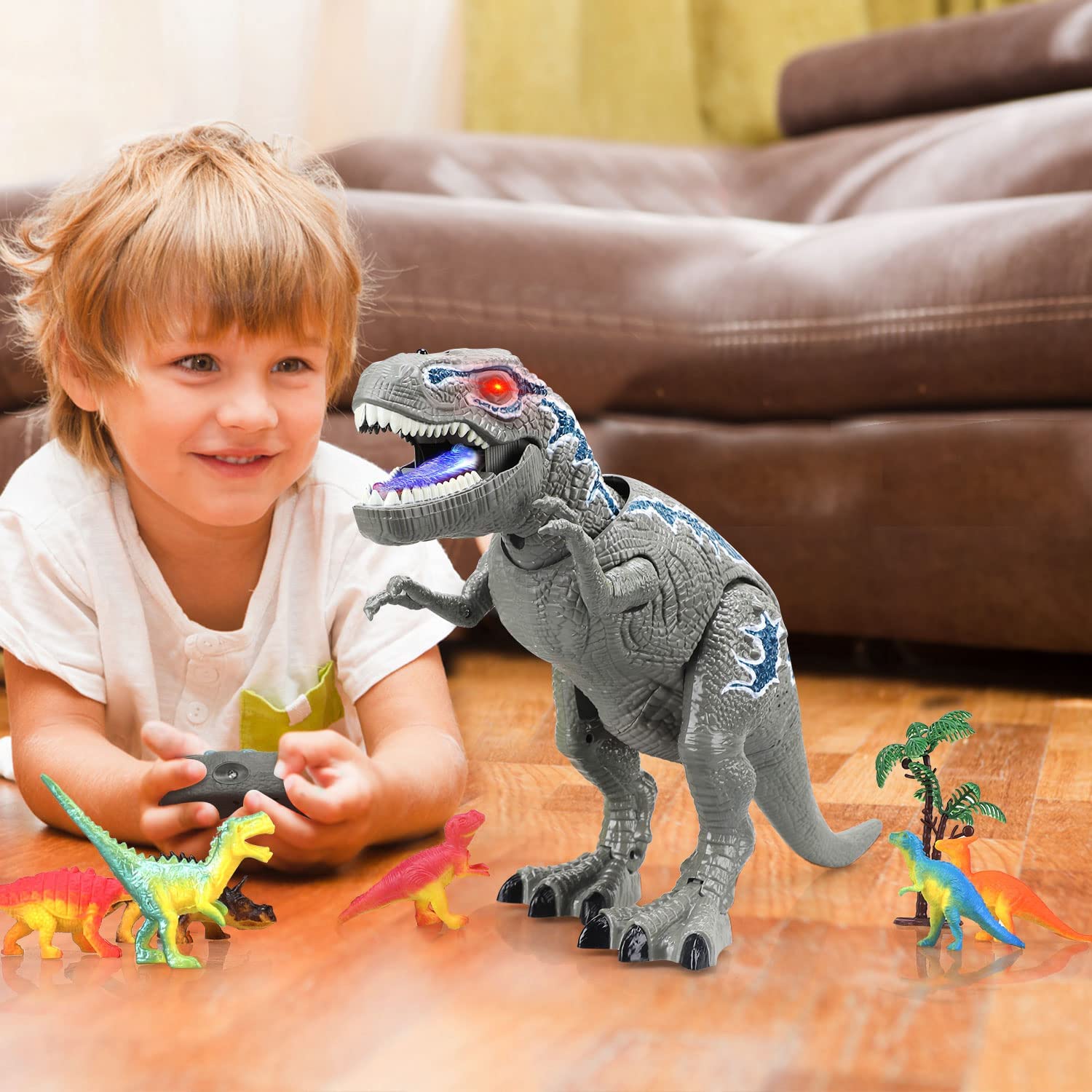 Juguete de dinosaurio T-Rex con control remoto Fidtoy y pulverizador de niebla para niños