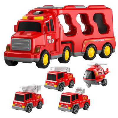 Fidtoy 5-in-1 Fire Truck Carrier Playset for Kids with Helicopter Ladder Truck Lights and Sounds