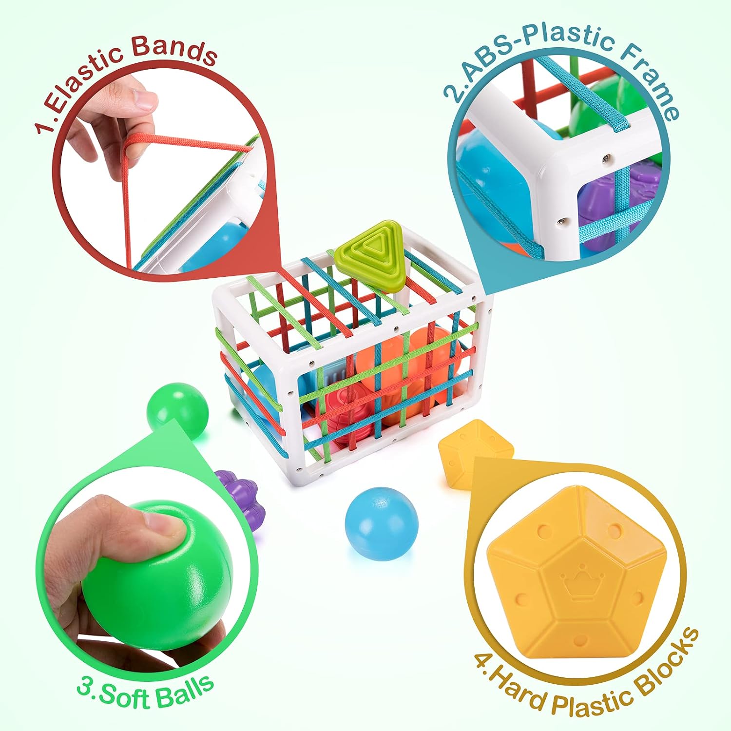 Fidtoy Shape Sorting Baby Box Sensory Play for 12+ Months, Plastic Montessori Shape Sorter Cube with 6 Textured Blocks, 3 Balls, Elastic Band Activity and Fine Motor Sensory Learning Toy