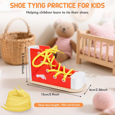 Práctica de Atado de Zapatos para Niños, Práctica de Atado de Zapatos Rojos para Niños con Cordones de Enhebrado, Entrenamiento de Zapatos de Madera para Aprender a Atar los Zapatos, Habilidades Básicas para la Vida