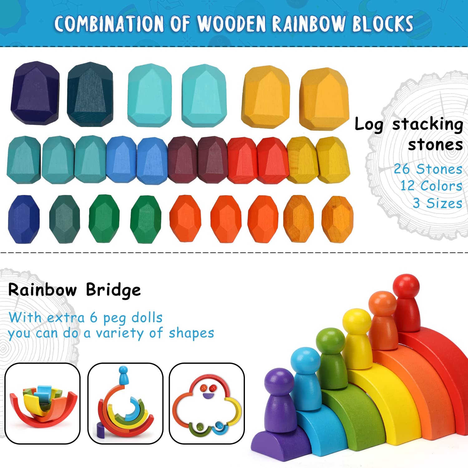Fidtoy Wooden Rainbow Stacking Toy Set for Babies and Toddlers