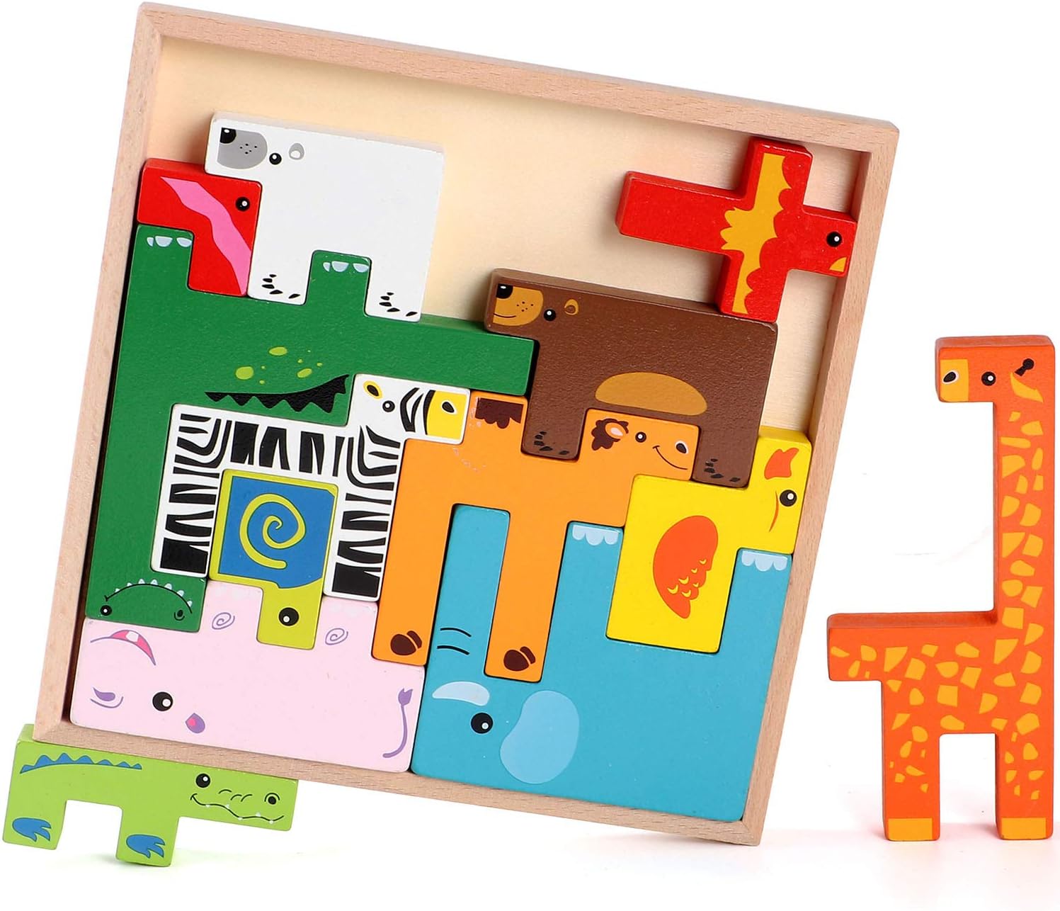 Fidtoy Wooden Animal Creative Challenge Puzzle Board for Kids | 13-Piece Animal Shape Matching Puzzle, Geometric Sorting, Stacking Blocks, Fine Motor & Problem-Solving Toy Age 2-6