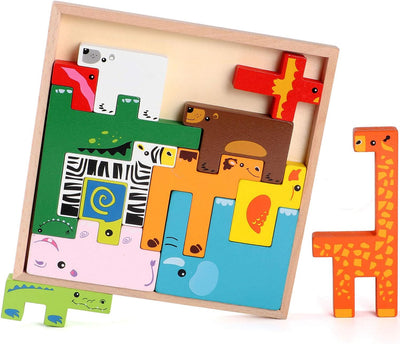 Fidtoy Wooden Animal Creative Challenge Puzzle Board for Kids | 13-Piece Animal Shape Matching Puzzle, Geometric Sorting, Stacking Blocks, Fine Motor & Problem-Solving Toy Age 2-6