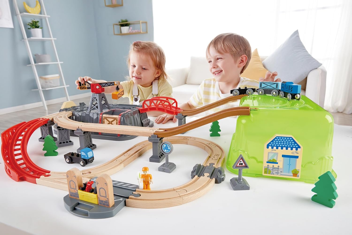 Fidtoy Juego de Tren de Construcción de Vías de Madera con Cubo, 50 Piezas