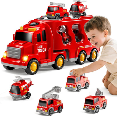 Fidtoy 5-in-1 Fire Truck Carrier Playset for Kids with Helicopter Ladder Truck Lights and Sounds