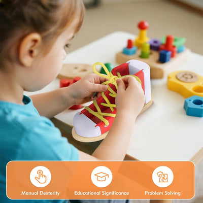 Práctica de Atado de Zapatos para Niños, Práctica de Atado de Zapatos Rojos para Niños con Cordones de Enhebrado, Entrenamiento de Zapatos de Madera para Aprender a Atar los Zapatos, Habilidades Básicas para la Vida